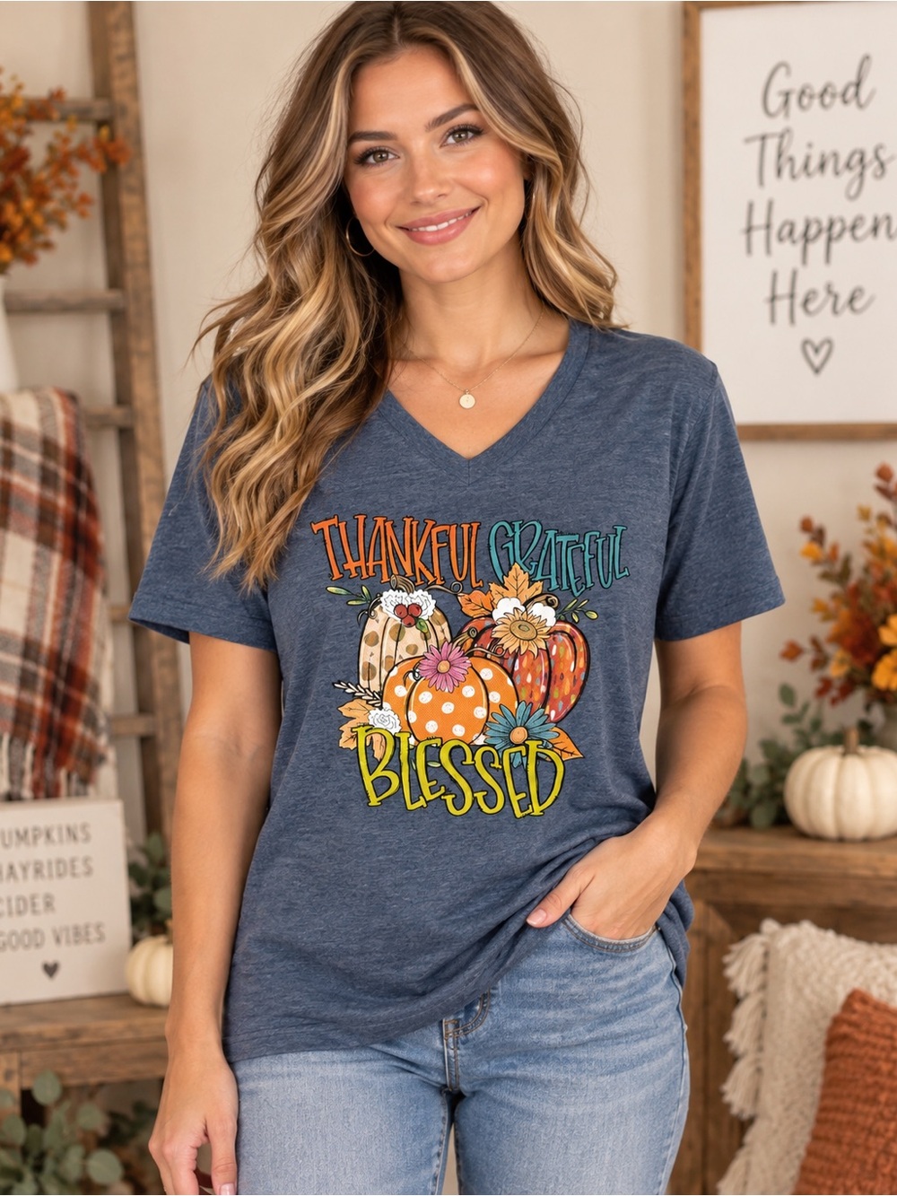 Thankful Grateful Blessed Fall Pumpkin Floral Graphic V-Neck T-Shirt